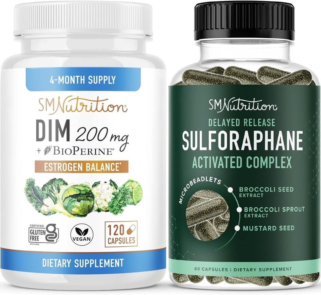 Sulforaphane Complex with 200mg DIM Supplement for Enhanced Estrogen Balance for Women | Advanced Microbeadlet Technology Hormone Balance (60 Servings) with Diindolylmethane Capsules (120 Servings)