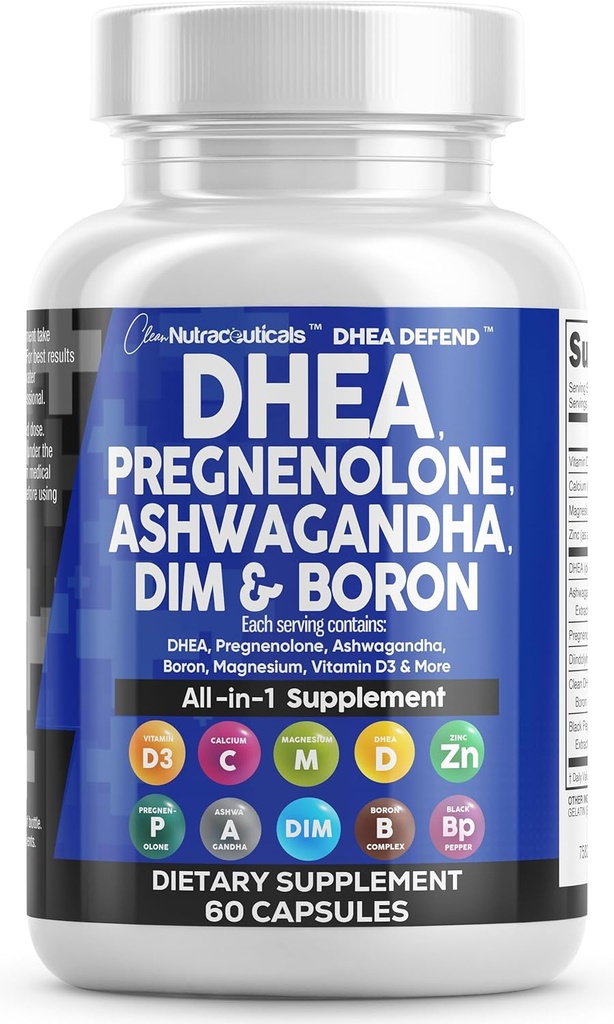 DHEA 200mg Supplement Pregnenolone 100mg for Men & Women with DIM Ashwagandha Boron 6mg Complex Calcium Magnesium Zinc 50mg Vitamin D3 5000 iu Hormone Support Capsules Pills - Made in USA 60 Ct