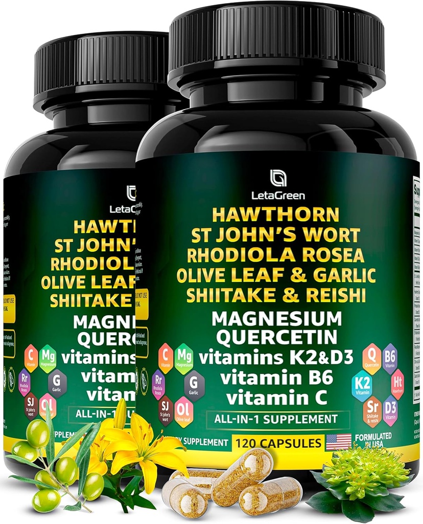 Organic Hawthorn Berry Capsules - Hawthorn Berry with St Johns Wort Rhodiola Rosea Olive Leaf Shiitake Reishi Mushroom Quercetin & Vitamin C, D3, K2, B6 & Magnesium (240 Count)