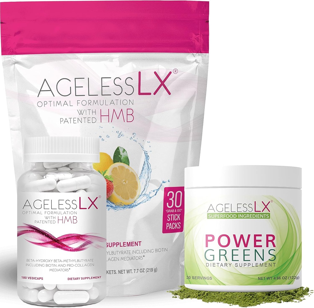 AgelessLX Biotin Supplement Capsules, Strawberry Lemonade & Power Greens Powder Bundle - Anti Aging Supplements