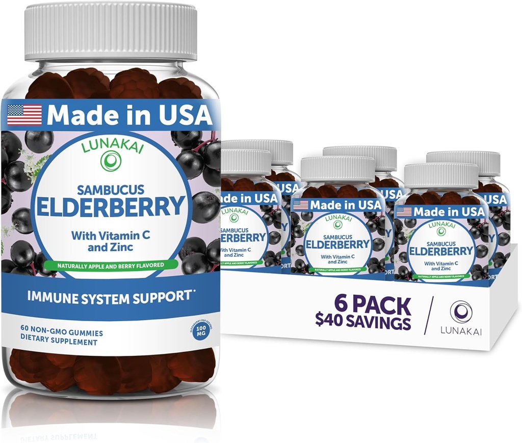 Lunakai Sambucus Elderberry Gummies with Zinc & Vitamin C for Adults & Kids - 100mg Black Elderberry Vitamins Immune Support Supplement - Vegan, Non-GMO, No Corn Syrup - 6 Pack