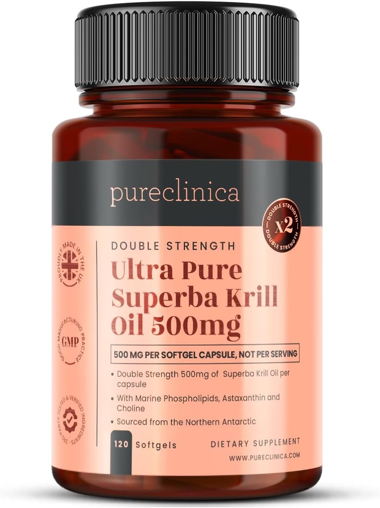 Ultra Pure Superba Krill Oil 500mg x 120 Capsules - Sourced in The Unpolluted Waters of Antarctic Providing a Rich Supply of Astaxanthin, Omega 3 and Vitamin D