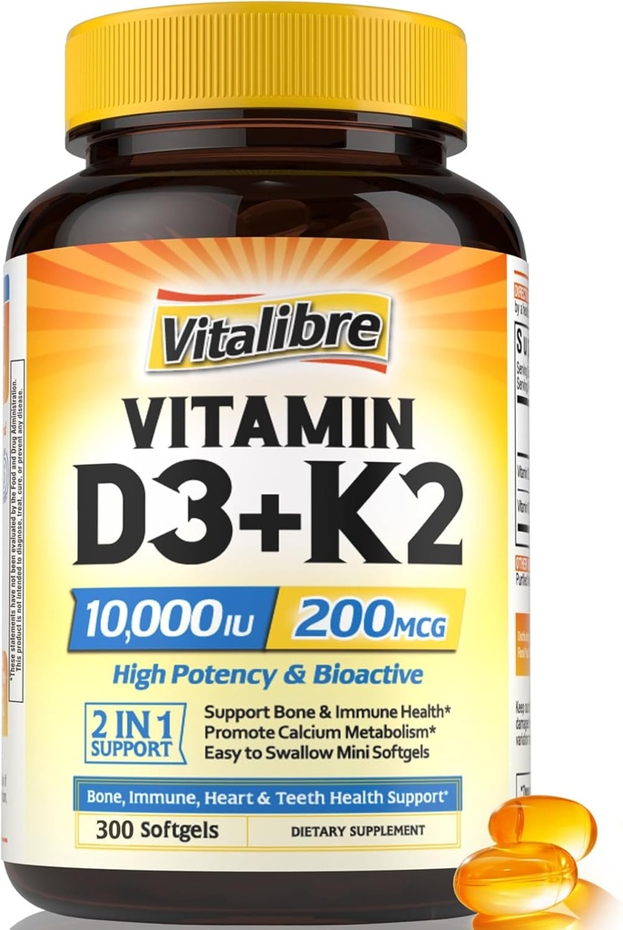 Vitamin D3 K2 Supplement, 10000 IU D3 / 200 mcg K2 MK7, Calcium Absorption, Bone, Heart, Immune & Mood Support, Enhanced Absorption, No Soy, Easy to Swallow, 300 Softgels