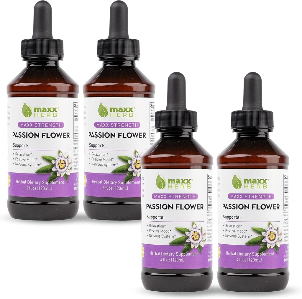 Maxx Herb Passion Flower Extract - Max Strength Passion-Flower Liquid Absorbs Better Than Capsules, for Relaxation and Stress Relief, Alcohol-Free - 4 Bottles, 4 Oz Each (240 Servings)