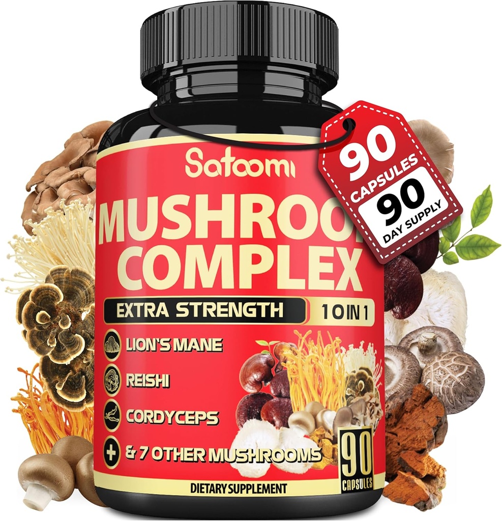 Satoomi 10in1 Mushroom Supplement Complex - Lions Mane, Cordyceps, Reishi, Chaga - Brain Supplements for Memory and Focus - 3 Month Supply