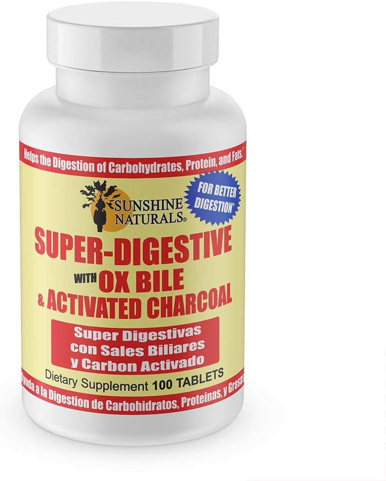 Sunshine Naturals Super Digestive Supplement. Ox Bile & Activated Charcoal for Digestive Support, Bloating Relief, Gut Cleanse, Nutrient Absorption, and Promotes Overall Wellness. 100 Tablets.