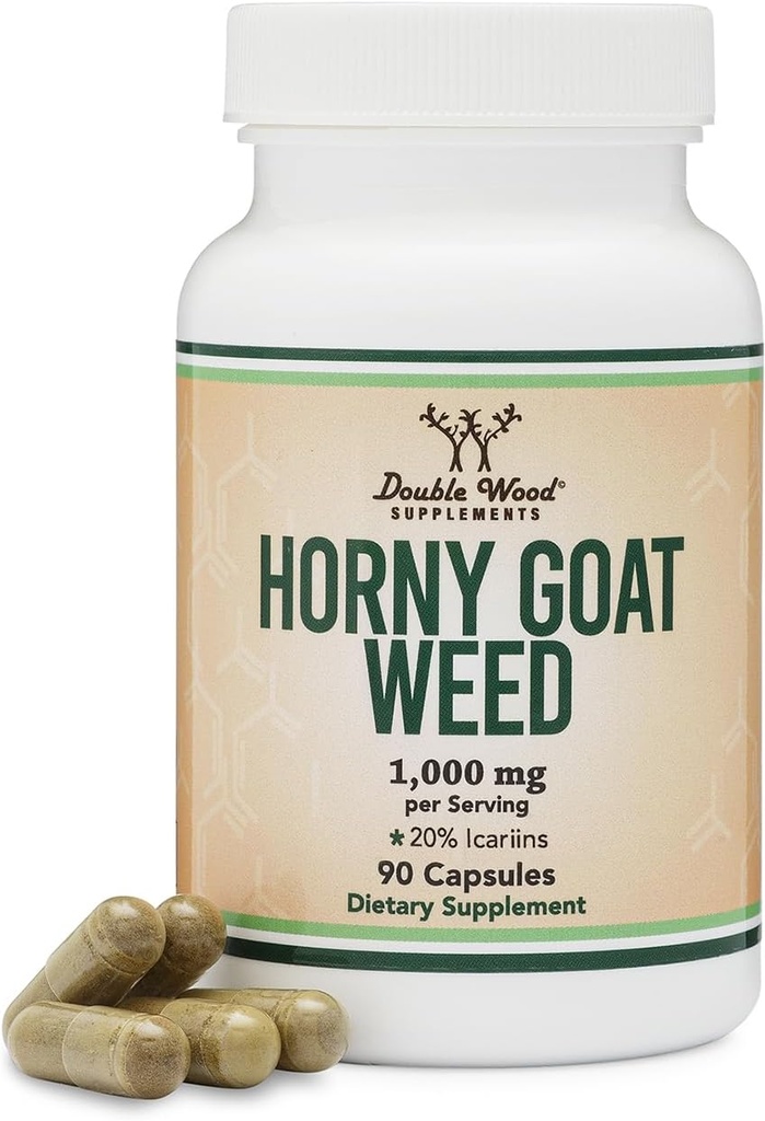 Horny Goat Weed for Men and Women - No Fillers (Max Strength Epimedium Std. to 20% Icariins) 1,000mg per Serving, 90 Capsules (Male Enhancing Supplement) by Double Wood