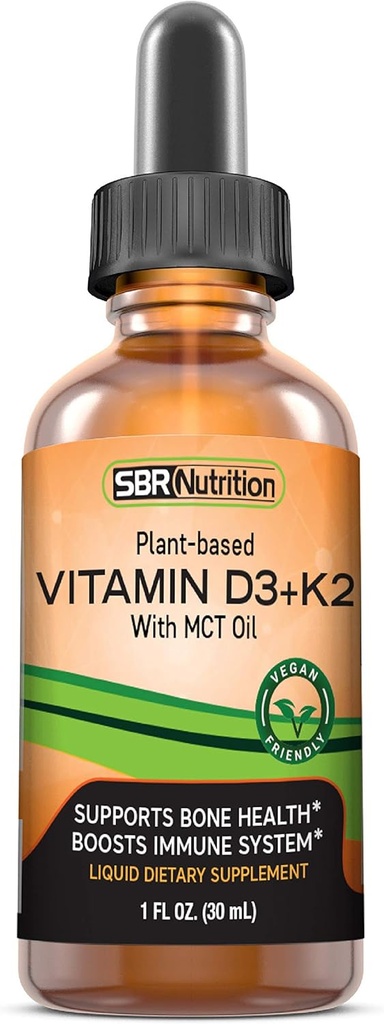 Vegan Vitamin D3 + K2 (MK-7) Liquid Drops with MCT Oil, Peppermint Flavor, Helps Support Strong Bones and Healthy Heart