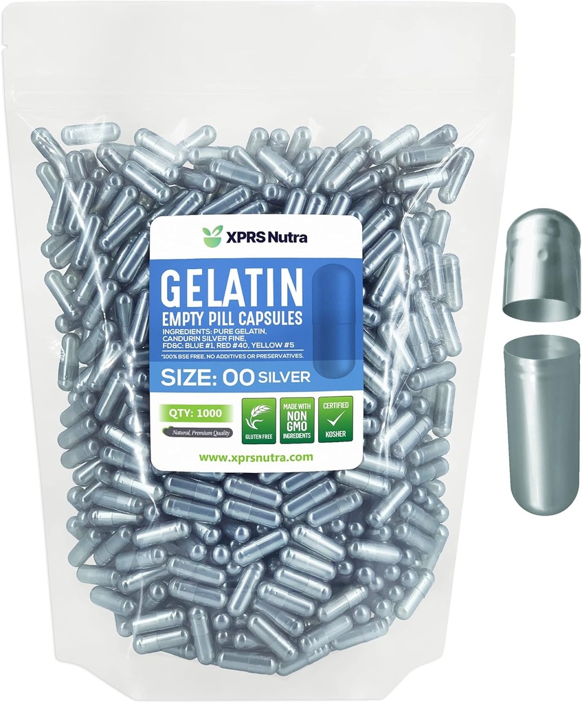 XPRS Nutra Size 00 Empty Capsules - 1000 Count Empty Gelatin Capsules - Pill DIY Capsule Filling - Fillable Pills Gel Caps for DIY Supplements (Silver)