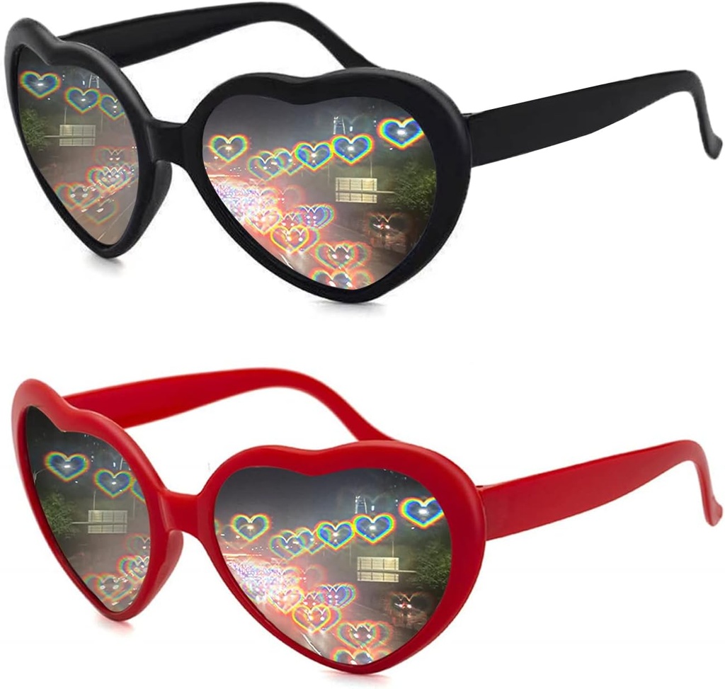 2 Pack Heart Shaped Diffraction Glasses for Women, Heart Effect Sunglasses are Perfect for Valentines Day Accessories, Rave Party, Wedding Party, Musical Evening, Fireworks Shows.