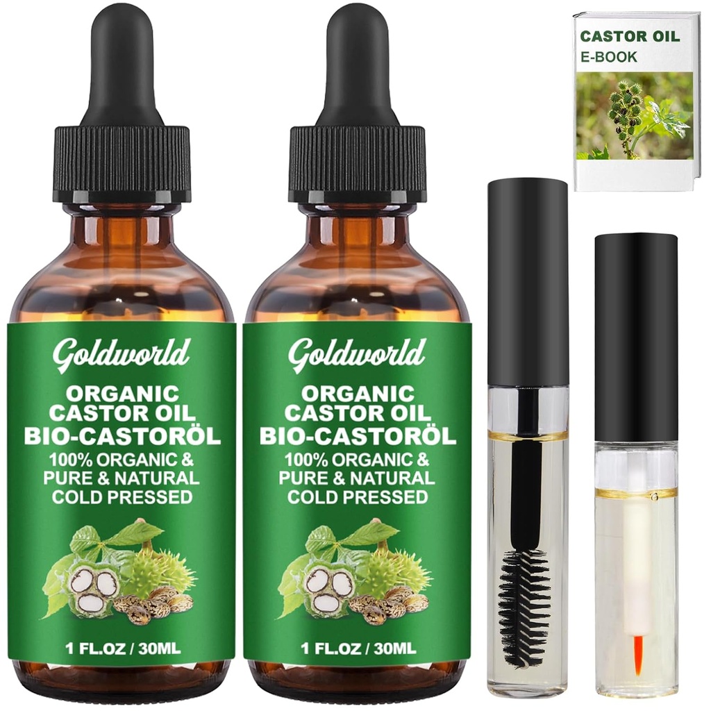Castor Oil Organic and Pure Cold Pressed Unrefined Eyelash Growth Serum, Hexane Free Glass Bottle Lash, Christmas Gifts For Women Stocking Stuffers