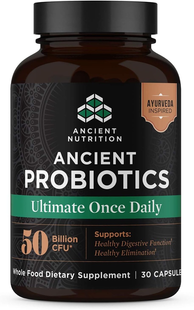 Ancient Nutrition Probiotics, Ultimate with Turmeric, Ginger and Fenugreek, Supports Digestive Functions, Reduces Diarrhea, Constipation, Bloating, Superfoods Blend, 50 Billion CFUs*, 30 Capsules