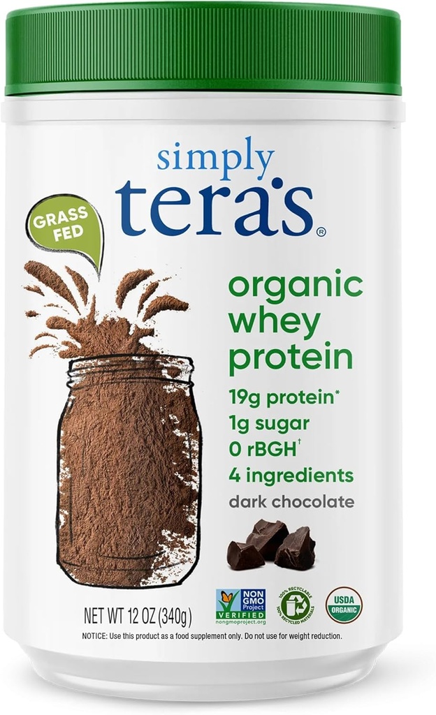 Simply tera's Organic Whey Protein Powder - Grass Fed Whey Protein Powder Without Artificial Sweeteners, Clean, Non-GMO, Gluten-Free - Dark Chocolate, 12 Oz