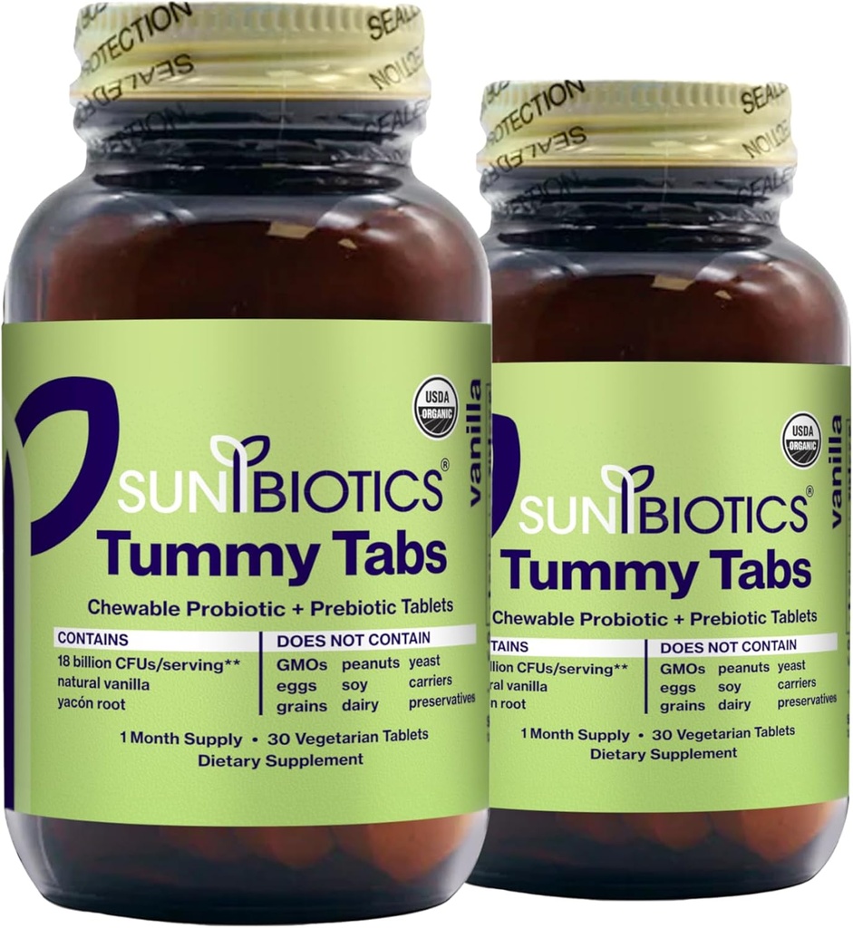 SUNBIOTICS Tummy Tabs - Chewable Probiotic and Prebiotic Tablets with 18 Billion CFUs of 4 Probiotic Strains for Good Gut Flora, Immune System, & Balanced Microbiome - Vanilla, (Pack of 2)