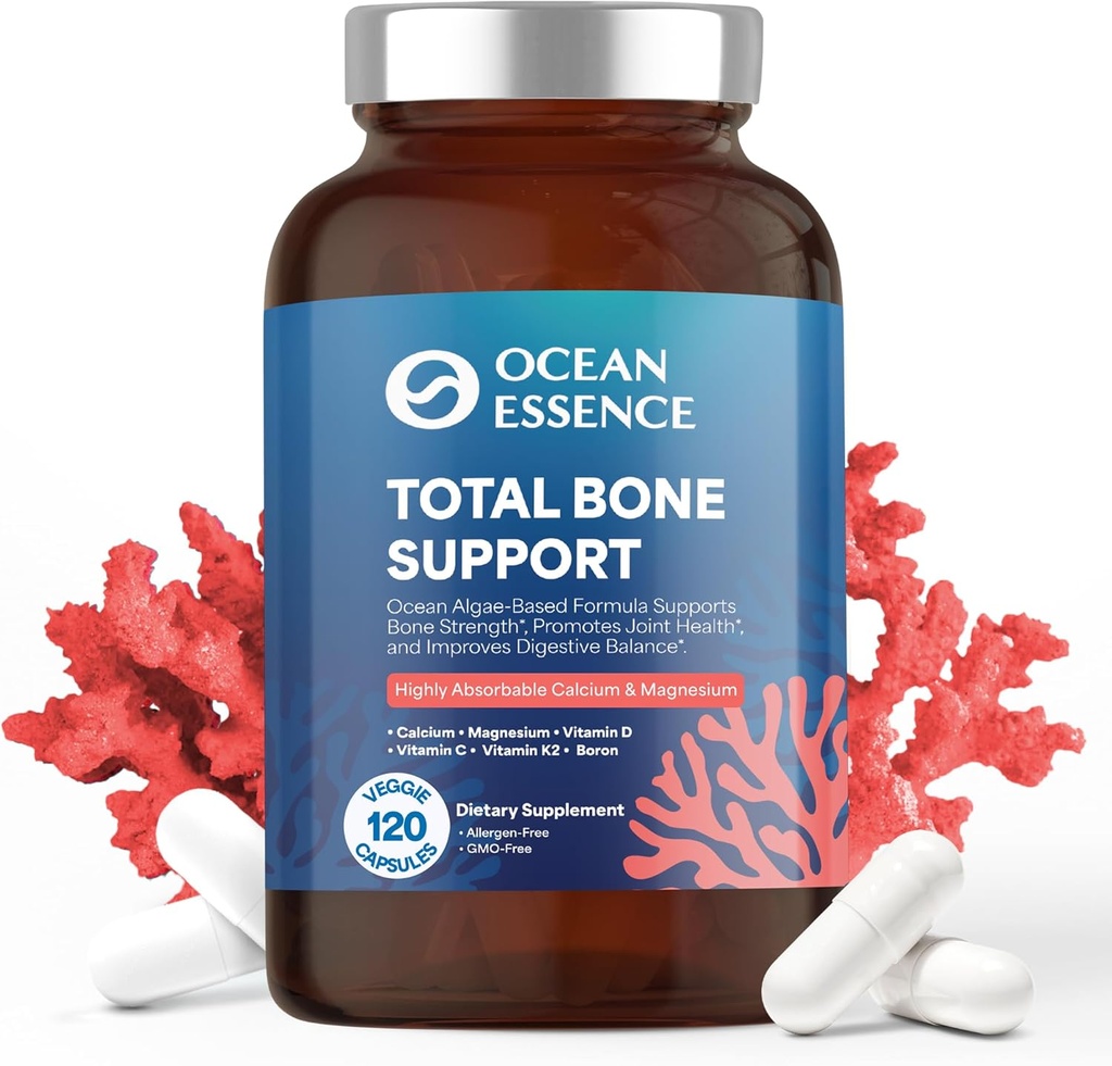 OCEAN ESSENCE Total Bone Support - Plant-Based Algae Calcium Supplement for Supporting Bone Density & Strength - for Men & Women 35+ - 120 Natural Calcium Capsules - Vitamins for Optimal Health