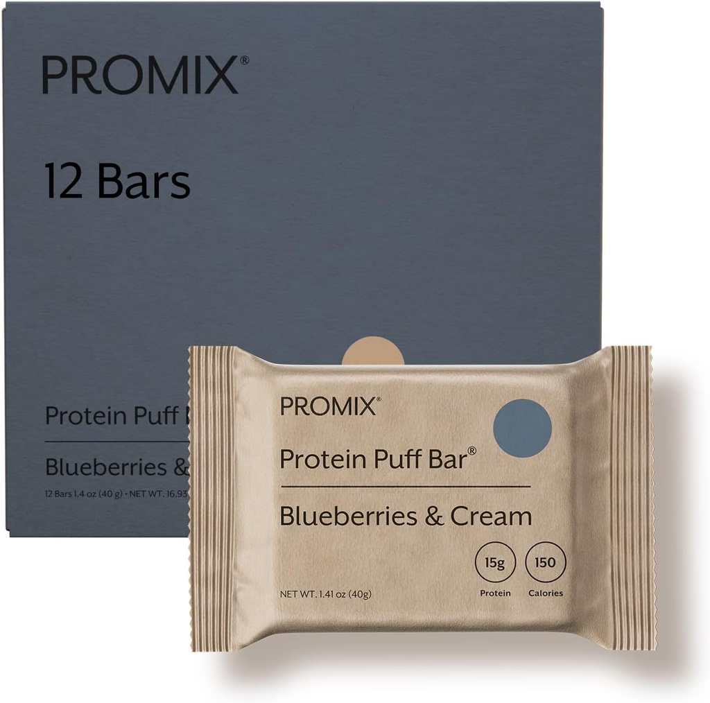 ProMix Nutrition Protein Puff Bars - Blueberries & Cream - Marshmallow Crispy Treat - Great Tasting & Healthy On The Go Snack - High Protein & Low Calorie - Free From Gluten, Soy, & Corn - 12 Bars