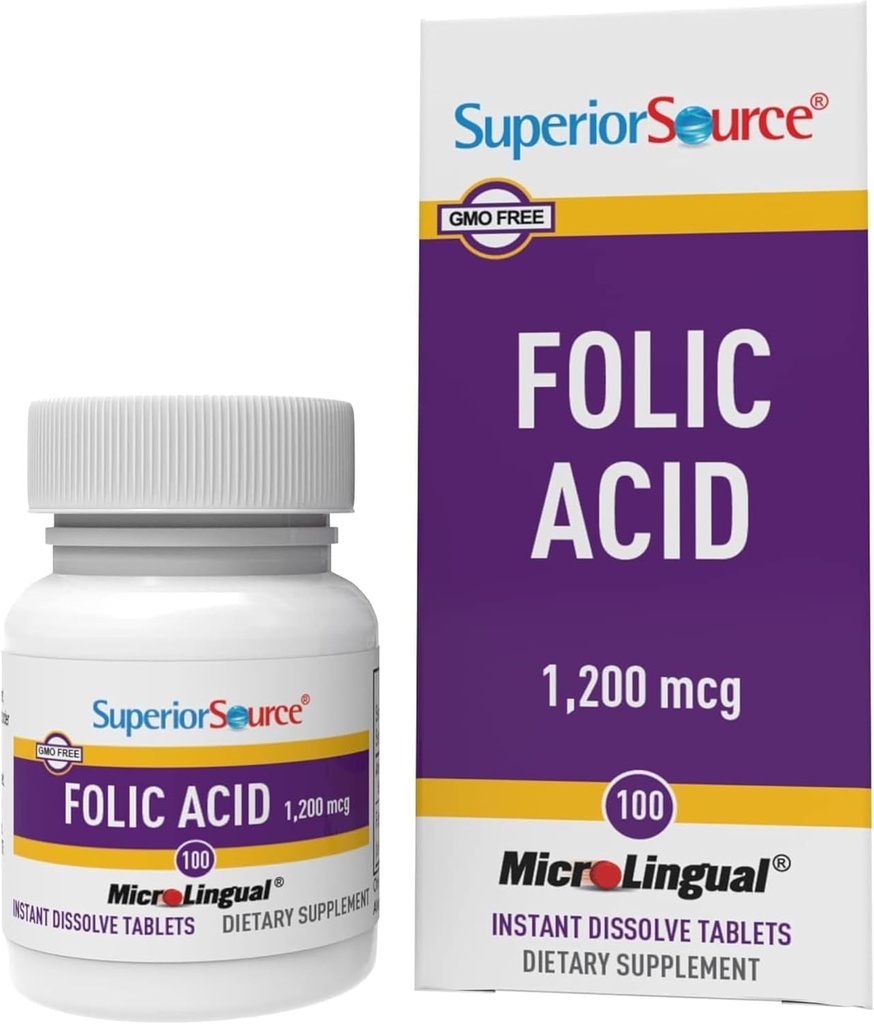 Superior Source Folic Acid 1200 mcg - Supports Heart, Immune & Nervous System - 100 Sublingual Tablets