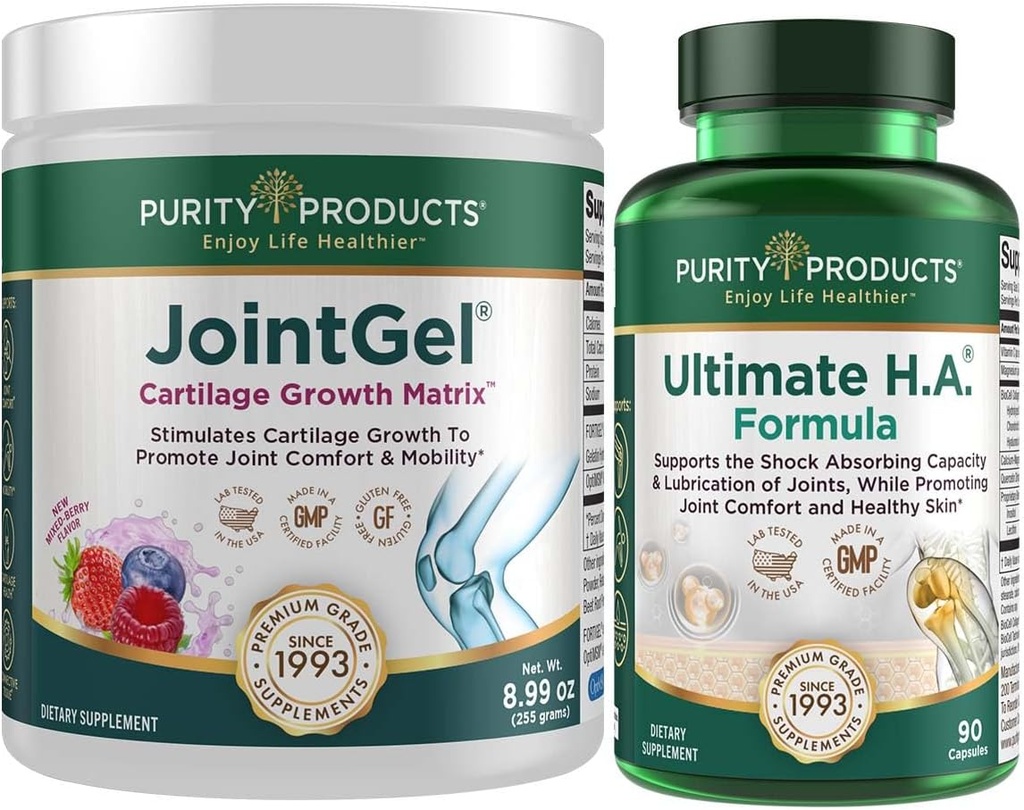 Purity Products Bundle - JointGel (Berry Flavor) + Ultimate HA Joint Gel Berry Powder (Bioactive Collagen Peptides + MSM) - Ultimate H.A. (BioCell Collagen, Quercetin, Hyaluronic Acid + More)