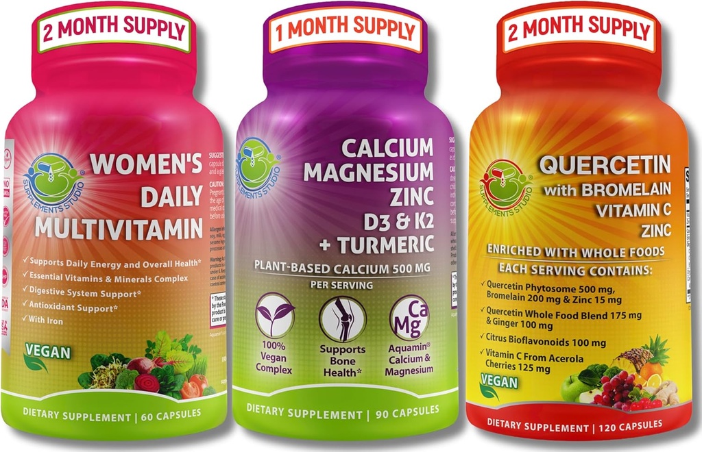 Plant-Based Immune, Bone & Energy Support Bundle – Quercetin with Bromelain, Vitamin C & Zinc + Calcium Magnesium with D3, K2 & Turmeric + Women’s Multivitamin with Iron & Organic Superfoods