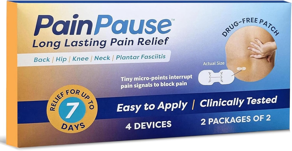 Long Lasting Pain Relief - Back, Hip, Knee, Neck, Plantar Fasciitis, and Others - Relief for Up to 7 Days, Clinically Tested, 4 Devices in 2 Pouches