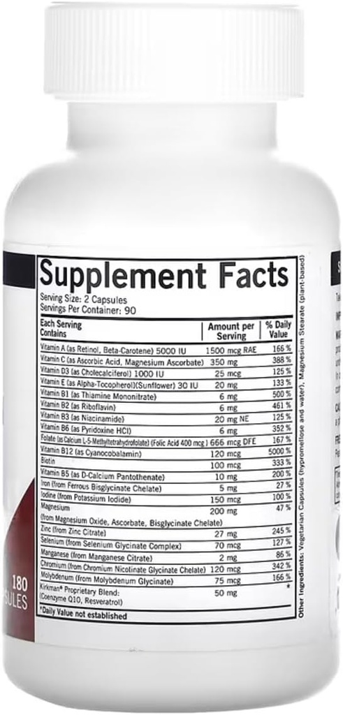 Kirkman - Advanced Adult Multivitamin & Mineral with 5-MTHF - 180 Capsules - Potent Broad Spectrum Vitamin/Mineral Supplement - Supports Cell Turnover - Hypoallergenic