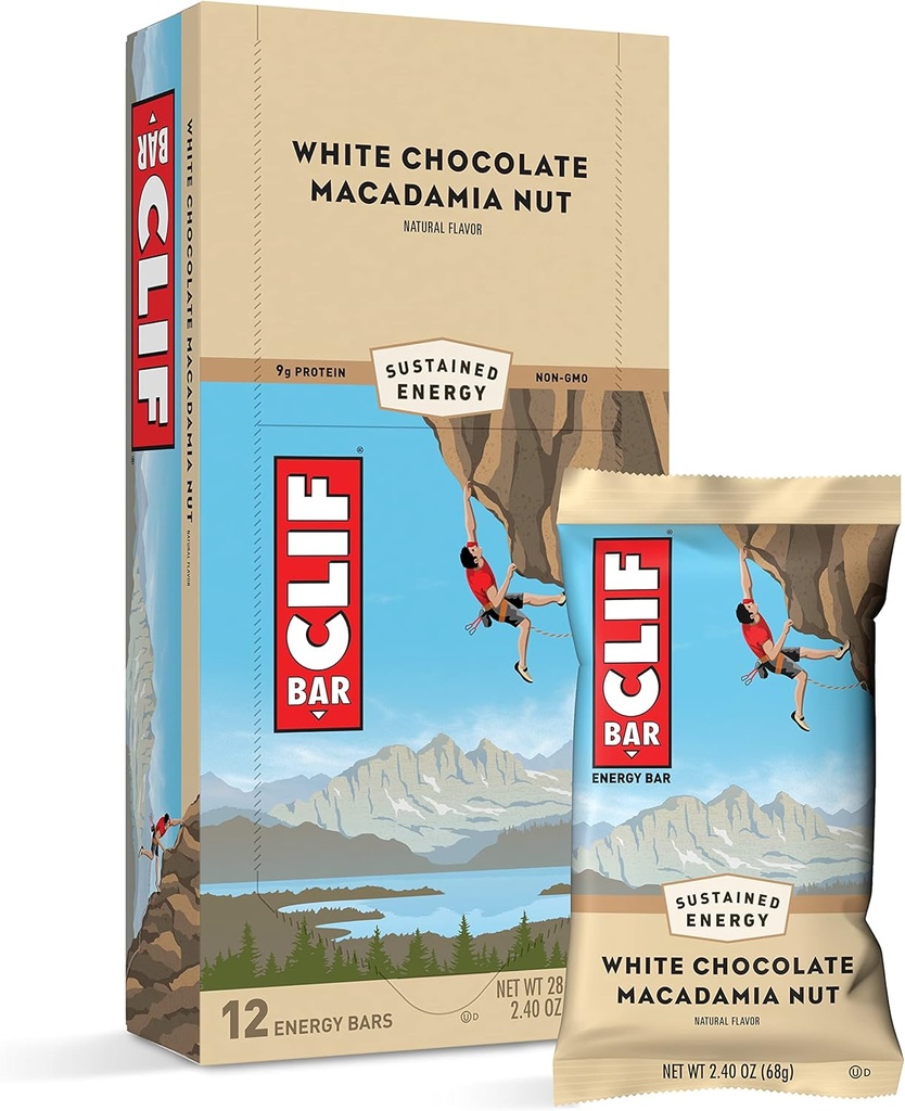 Clif Bars - Energy Bars - White Chocolate Macadamia Nut Flavor - Made with Organic Oats - Plant Based Food - Vegetarian - Kosher (2.4 Ounce Protein Bars, 12 Count) Packaging May Vary