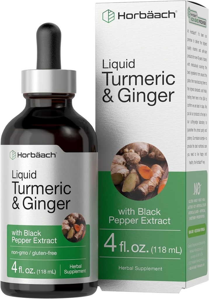 Horbaach Turmeric and Ginger Supplement Drops | 4 fl oz | with Black Pepper Extract | Herbal Liquid Tincture | Vegan, Non-GMO & Gluten Free