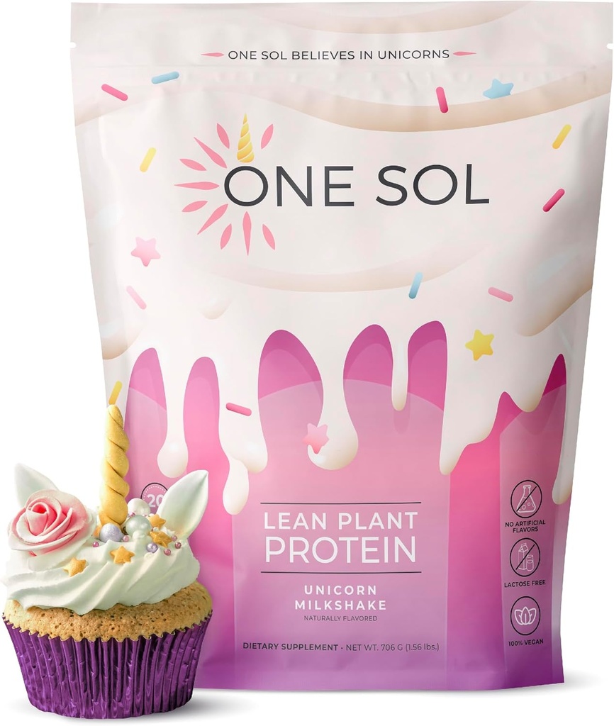 One Sol Lean Plant-Based Protein Powder, Pea & Brown Rice Protein, Low Carb, Vegan Friendly - Gluten, Lactose, & Soy Free - No Added Sugar, Non-GMO, Clean Nutrition, No Bloating (Unicorn Milkshake)