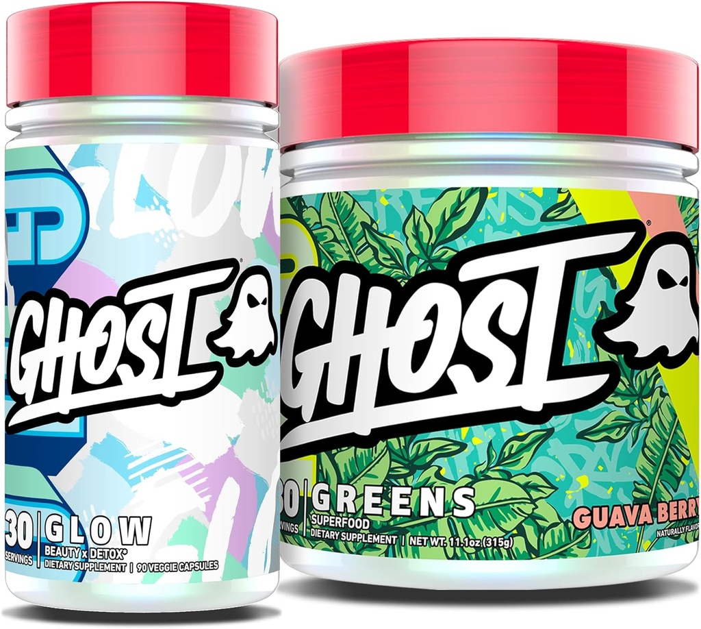 GHOST Bundles - Greens Superfood Powder (Guava Berry) & Glow Capsules Beauty and Detox Support