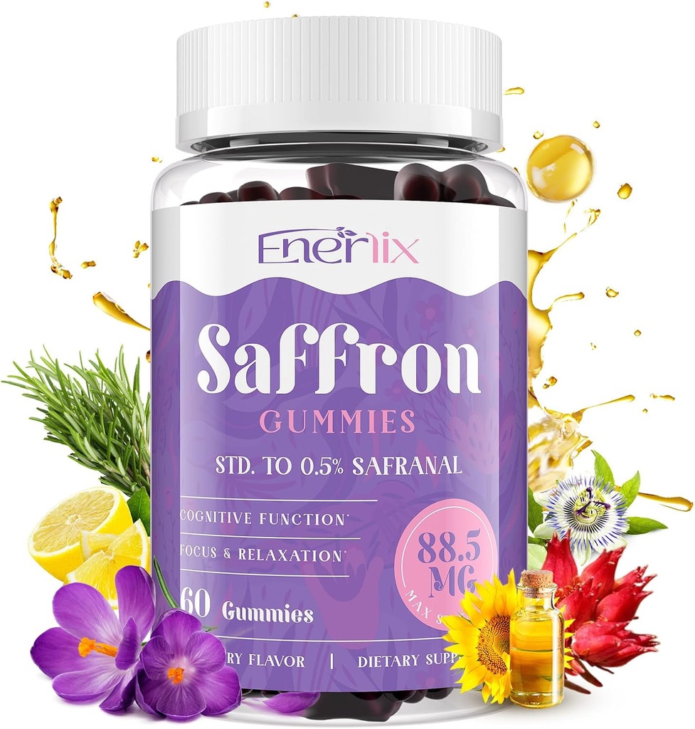 Saffron Gummies 88.5 mg with Magnesium, Max Strength Saffron Supplements with St. John’s Wort, GABA, Rhodiola, Rosemary & Passion Flower Extracts for Mood, Focus - 60 Servings