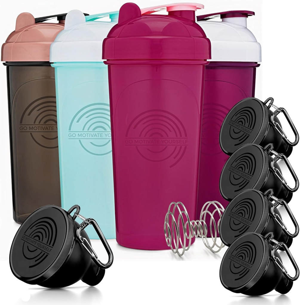 GOMOYO Fitness Bundle - 4-Pack Shaker Bottles with Agitator + 5-Pack Protein Funnels with Carabiner, BPA-Free & Dishwasher Safe