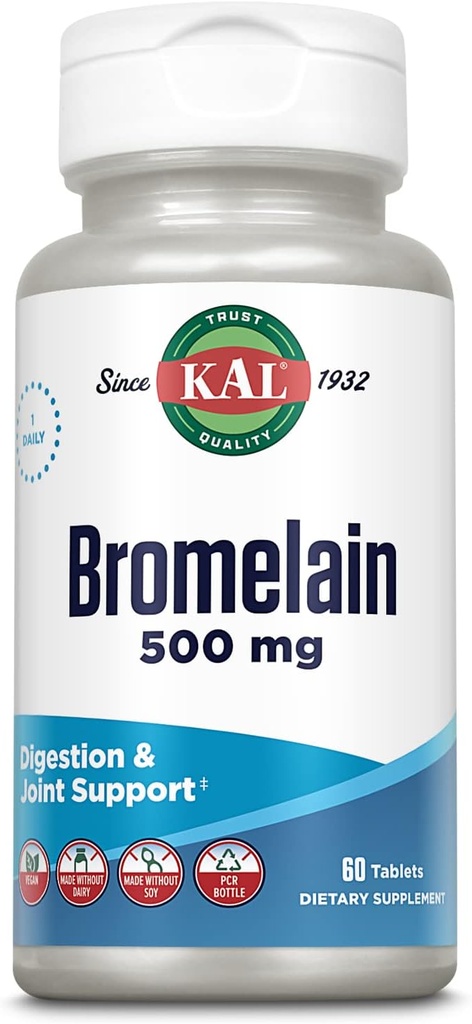 KAL Bromelain 500 mg, Digestion and Joint Support Supplement, Digestive Enzymes, Pineapple Extract, Rapid Disintegration, Vegan, Made Without Dairy or Soy, Lab Verified, 60 Servings, 60 Tablets
