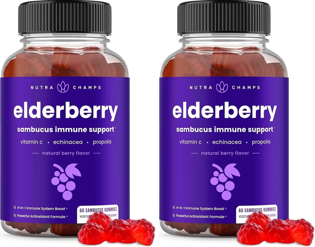 NutraChamps Elderberry Gummies with Vitamin C, Propolis & Echinacea - Immune System Support Gummy Vitamins for Adults & Kids - Max Strength 200mg Sambucus Antioxidant (Pack of 2)