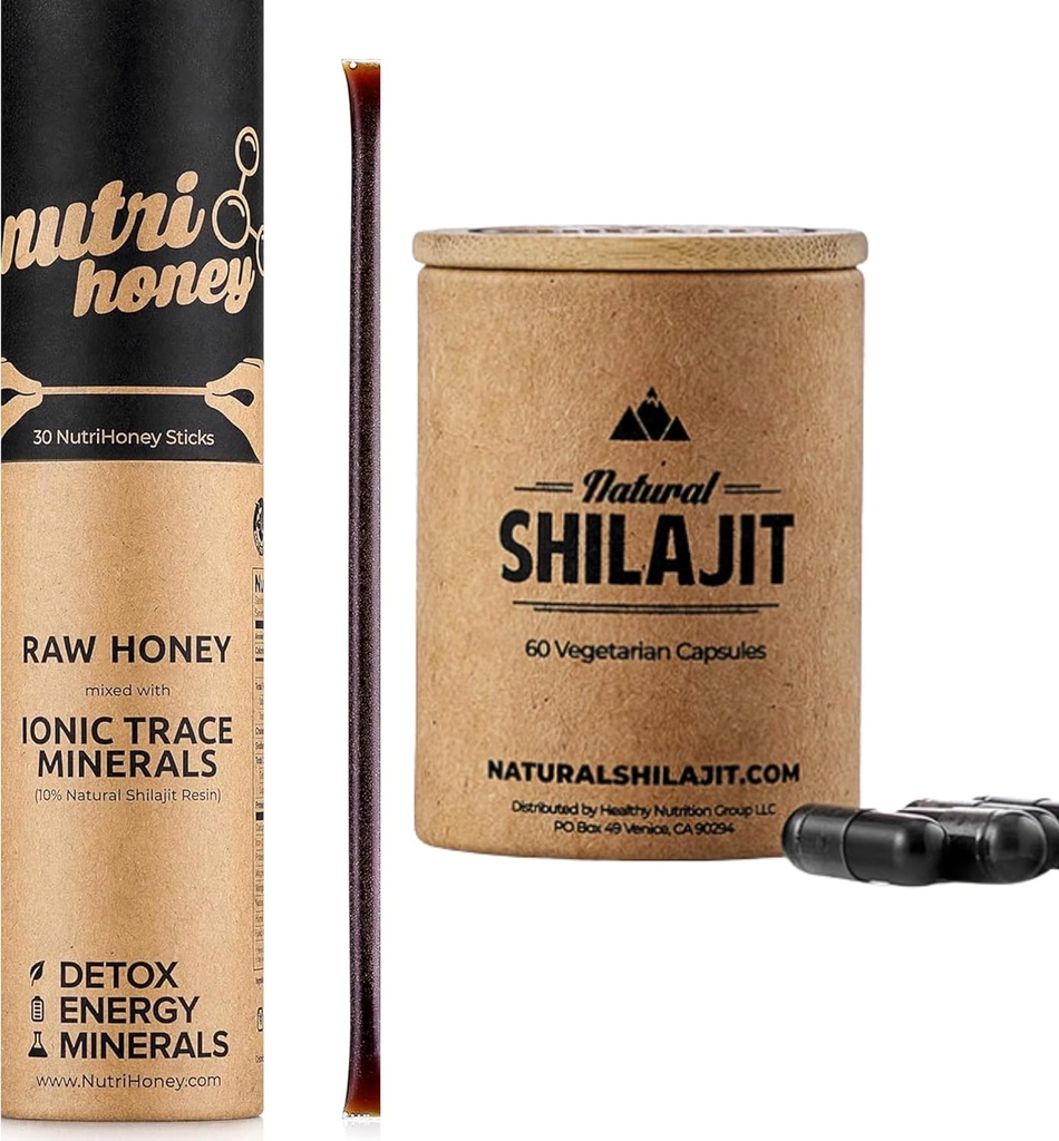NATURAL SHILAJIT Capsules (1-2 Months Supply) | 60 Count & Shilajit Honey Sticks Resin Mixed with Raw Honey (30 Sticks)