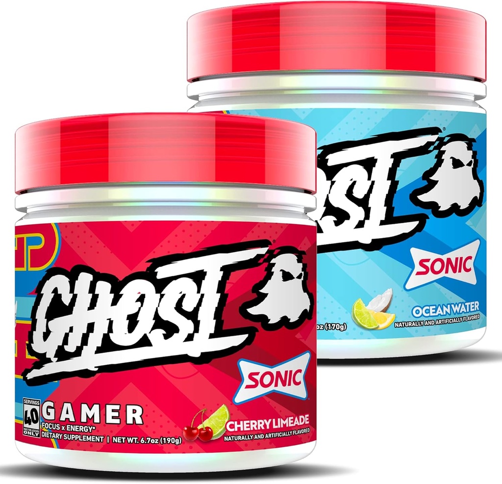 GHOST Gamer Sonic Bundle: Energy and Focus Support Formula - Ocean Water and Cherry Limeade