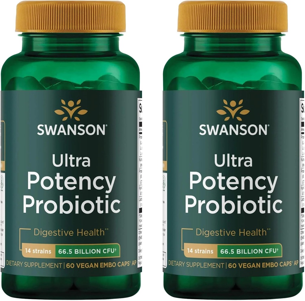 Swanson Ultra Potency Probiotic Digestive Health Immune System Support 66 Billion CFU Prebiotic NutraFlora scFOS 60 DRcaps Veggie Capsules (Caps) (2 Pack)
