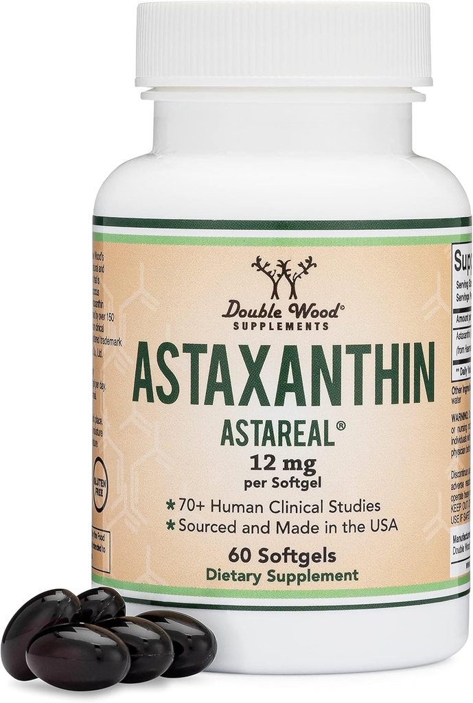 Astaxanthin 12mg Max Strength (Only Patented Astaxanthin (Astrareal) with 70+ Human Clinical Trials - World's Most Studied Brand) Grown, Harvested, and Made in The USA (Astaxantina) by Double Wood