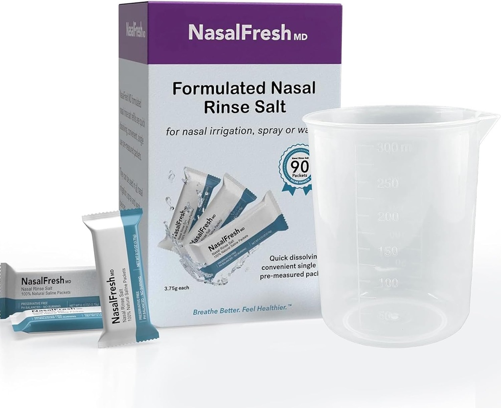 NASALFRESH MD - Saline Packets - Quick Dissolving - Single Use - Pre-Measured - Nasal Irrigation - Individually Wrapped (3.75g/1.3oz) - 90 Count Refill Packets - 300mm Cup