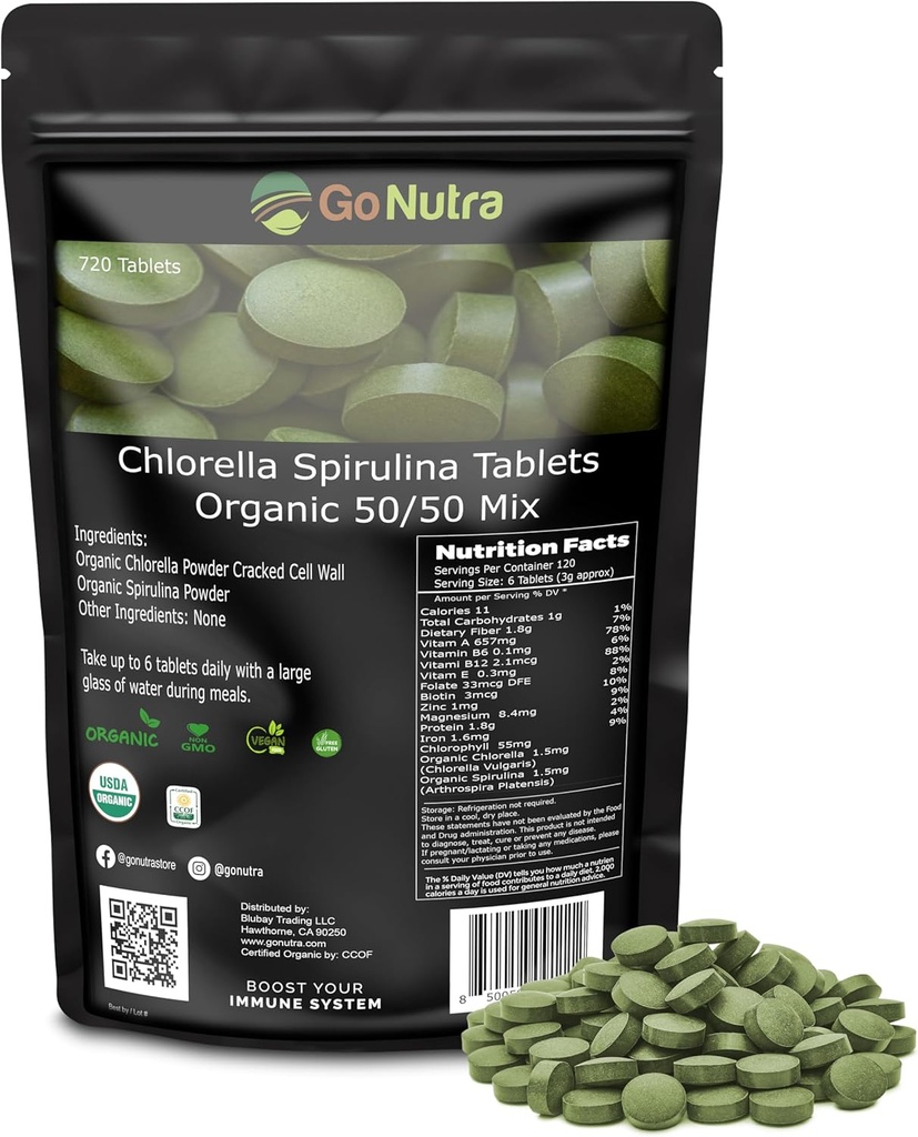 Go Nutra Organic Spirulina Chlorella Tablets 50/50 Blend | Nutrient Dense Superfood - Vegan Protein, Chlorophyll, Enzymes | 500mg Each Chlorella Spirulina Tablets, 720 Count, 4 Month Supply