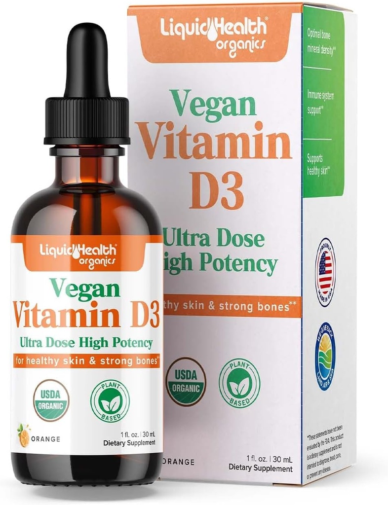 LIQUIDHEALTH Vitamin D3 4000 IU, USDA Organic Vitamin D Liquid Drops for Adults & Kids, Vegan Vitamin D for Immune System Support, Bone Health, Mood Support, Healthy Skin - Made in USA (2 oz)