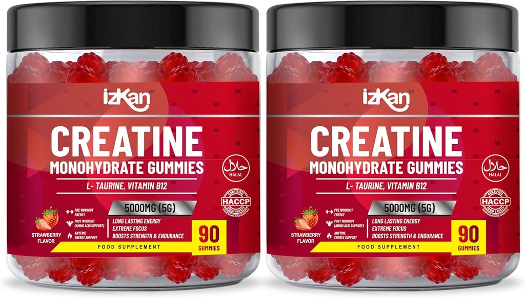 Creatine Monohydrate Gummy 5000mg for Men & Women - 180 Chewable Creatine ADVANCE COMPLEX Taurine & B12 Gummies Strawberry Flavoured | Pre Workout Gym Supplement| Halal | Vegan | (2 Months Supply)