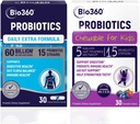 Probiotic Bundle for Adults & Kids – 60B CFU Extra Strength Capsules + 5B CFU Chewable Tablets – 15 Strains for Digestive, Immune, & Brain Health – Supports Gut, Constipation, Bloating, & Gas Relief