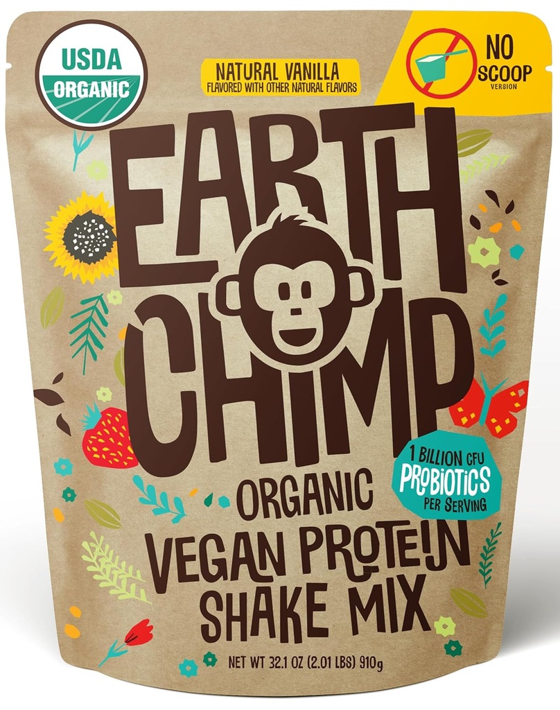 EarthChimp Organic Vegan Protein Powder - with Probiotics - Non GMO, Dairy Free, Non Whey, Plant Based Protein Powder for Women and Men, Gluten Free - 26 Servings 32 Oz (Vanilla) No Scoop