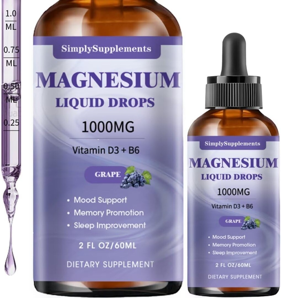 Triple Magnesium Complex Liquid Drops, 1000mg Magnesium Glycinate Drops, Taurate & Citrate with L-theanine, Vitamin D3 & B6 for Sleep and Muscle Support, Calm Magnesium, Grape Flavor, 2 Fl OZ