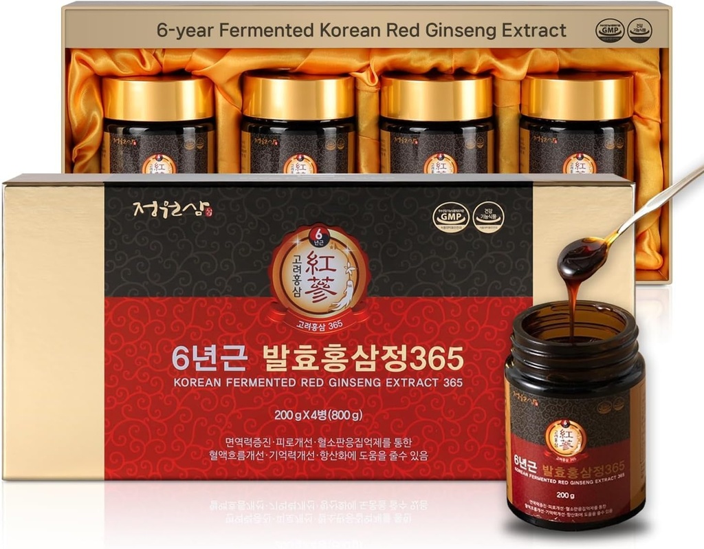 6-Year Fermented Korean Red Ginseng Extract | 4X 200g Bottles | 9.6mg Ginsenosides per 15g | Energy, Focus, Fatigue, Immune Support | Herbal Supplement for Men & Women