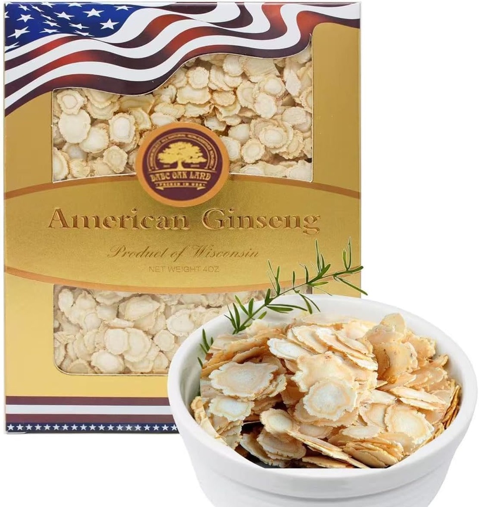 American Ginseng Slices from Wisconsin, DOL American Wisconsin Ginseng Slices Root for Tea, Energy for Men Women Mental Health Boosts Immunity, Gluten Free, 花旗參/西洋參 Small Round 1 Box of 4 Ounces