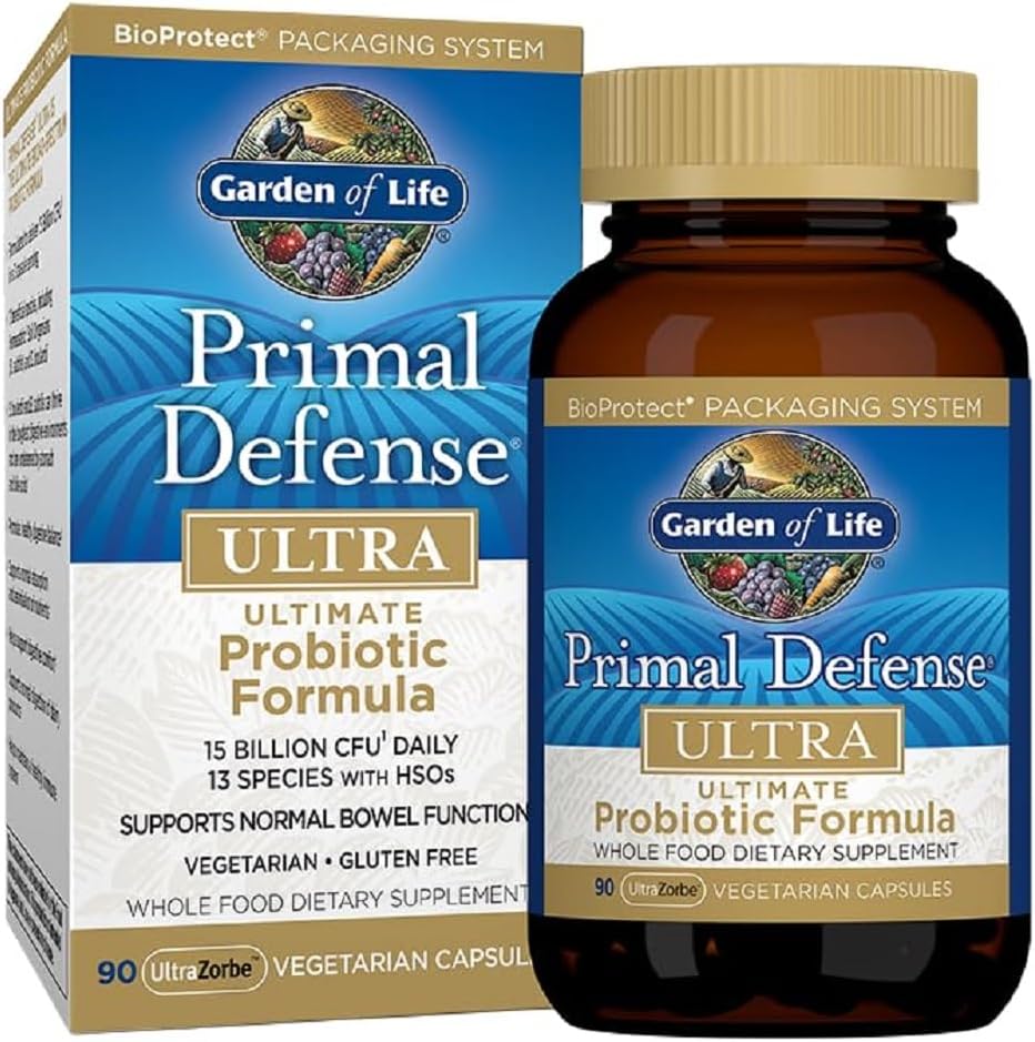 Garden of Life Probiotics for Digestive Health Balance, Primal Defense Ultra Ultimate Formula, 15 Billion CFU and 13 Strains Plus HSOs, Vegetarian and Gluten Free, 90 Capsules