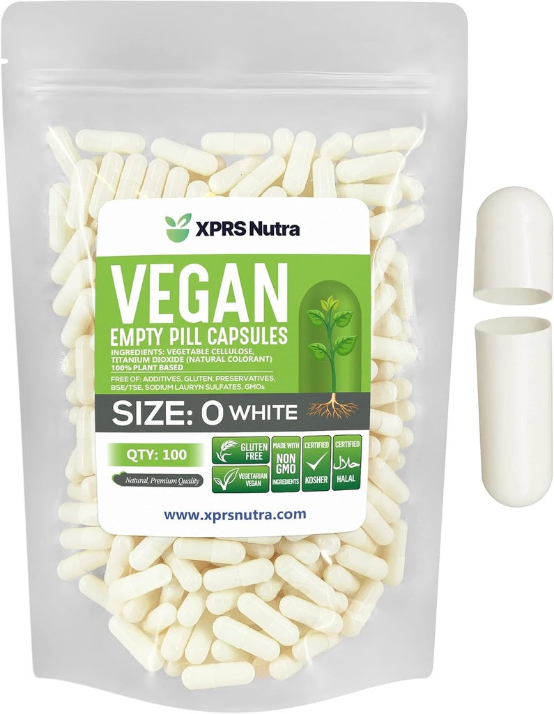 XPRS Nutra Size 0 Empty Capsules - 100 Count Empty Vegan Capsules - Vegetarian Pills - DIY Vegetable Capsule Filling - Veggie Pill Caps for Do-It-Yourself Supplements (White)