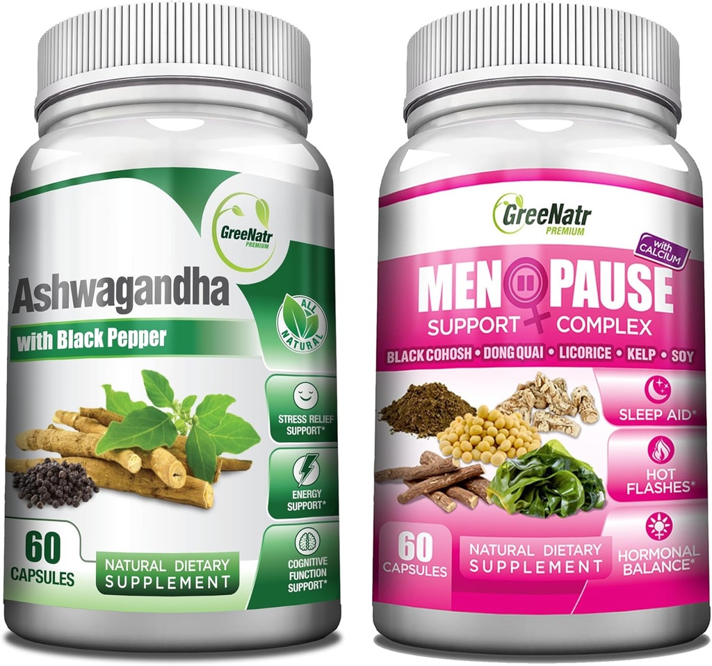GreeNatr Total Wellness Support with Ashwagandha Capsules with Black Pepper for Enhanced Absorption - and Natural Menopause Herbal Complex