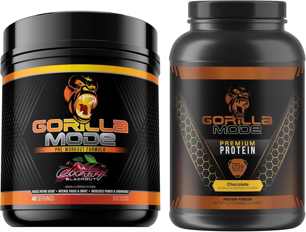Gorilla Mind Pre Workout (Cherry) + Premium Whey Protein (Chocolate) - Comprehensive Stack for Fueling Maximum Workout Results